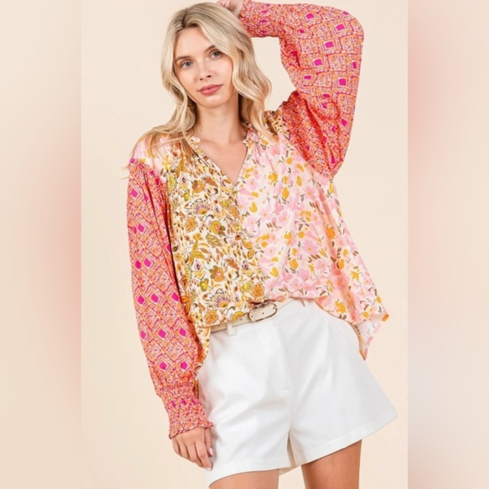 Mittoshop Mixed Patchwork Print Long Sleeve Blouse